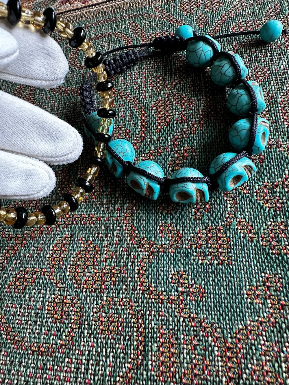 Lot of 2 Bracelets Turquoise Color Skull Beaded & Yellow Black Beaded